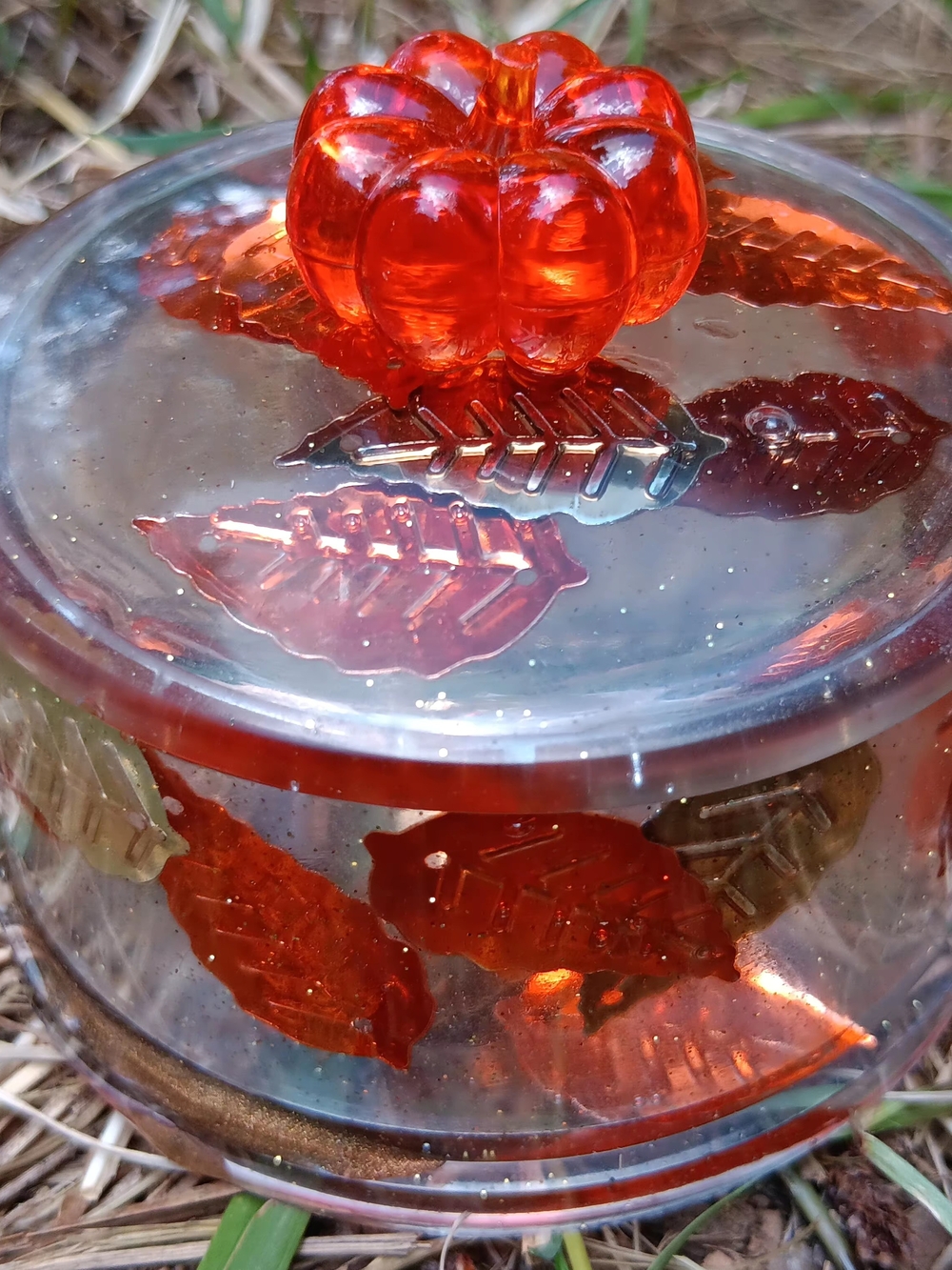 Orange Resin Fall Leaves Jar W Pumpkin Handle